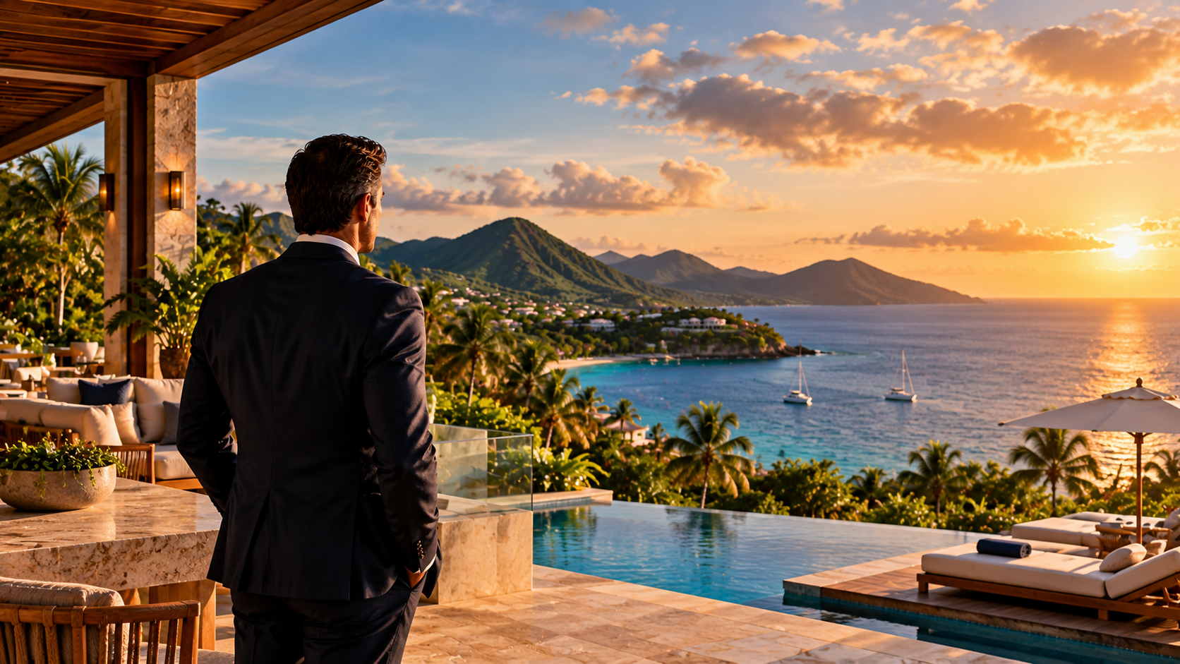 Hospitality executive overlooking a luxury Caribbean resort in St Kitts and Nevis